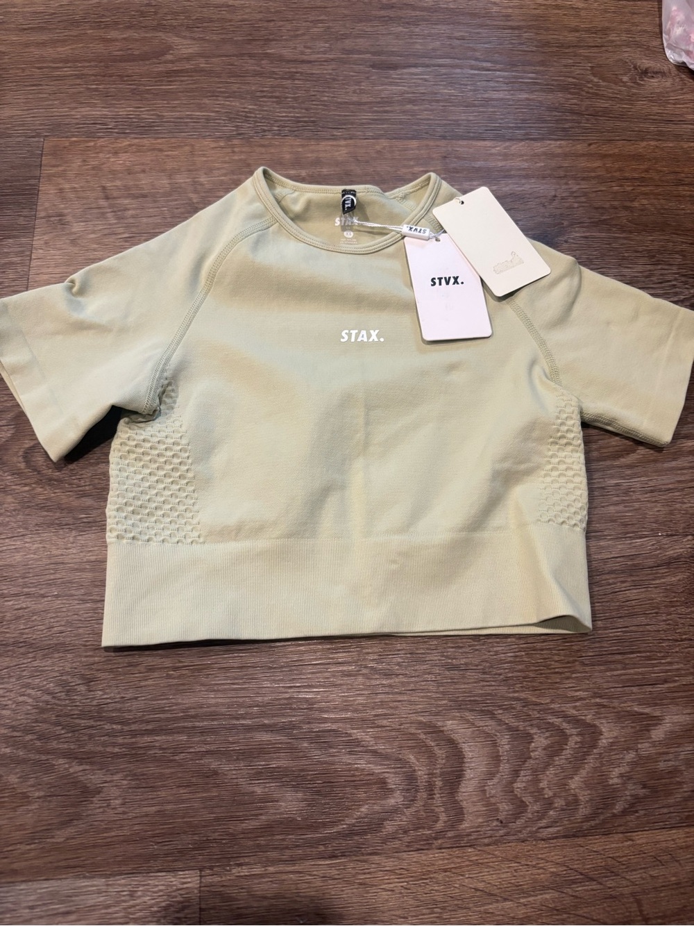 NWT STAX Seamless Crop Top Sage Green Short Sleeve Mesh Gym Workout Womens XS